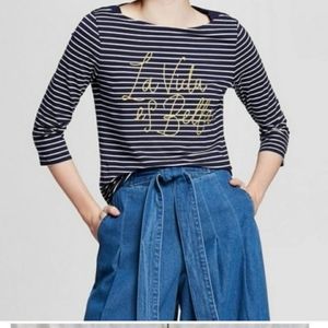a new day Sz M Women's Blue Striped  La Vida Es Bella Boatneck 3/4 Sleeve Shirt